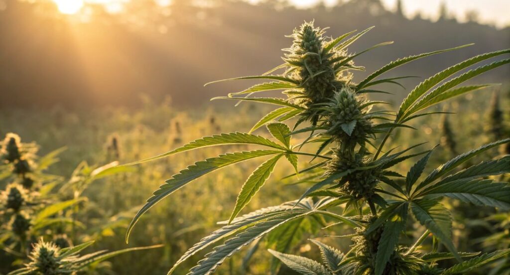 hemp plant in field with sunlight
