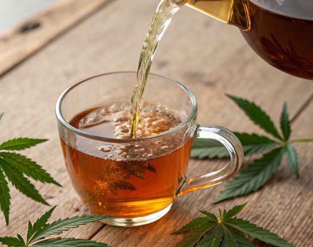 pouring brewed thca tea into a clear mug with hemp leaves on the surface surrounding the mug