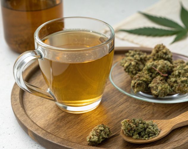 A clear mug of tea and a dish of thca flowers on a round wood serving tray