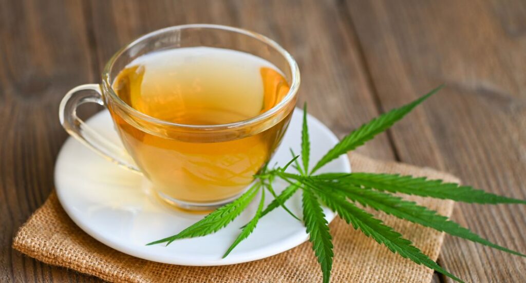 clear mug of hemp tea of a saucer with a hemp leaf