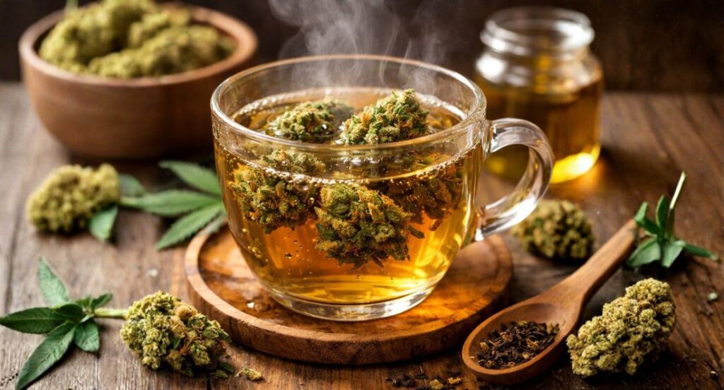 thca flower buds brewing in tea on a wooden surface