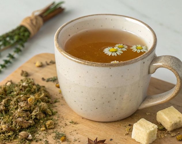 dried chamomile, butter and ginger herbal tea