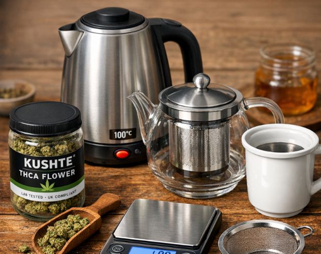 kushte thca flower tea preparation with kettle, thca flower, teapot, measuring scales and strainer