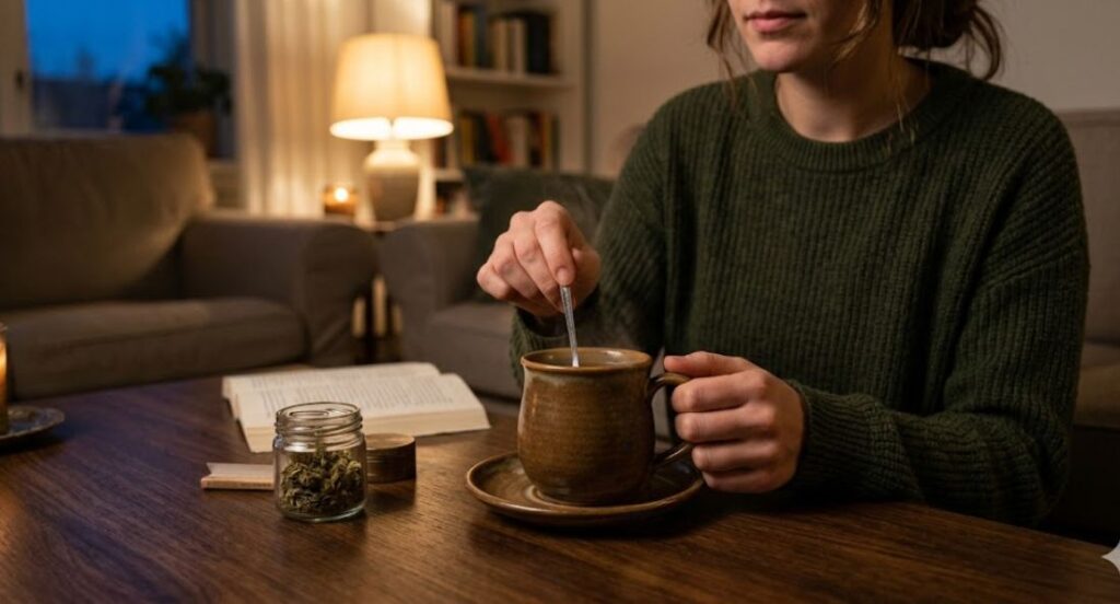 woman stirring cup of thca hemp tea on a coffee table in a living room