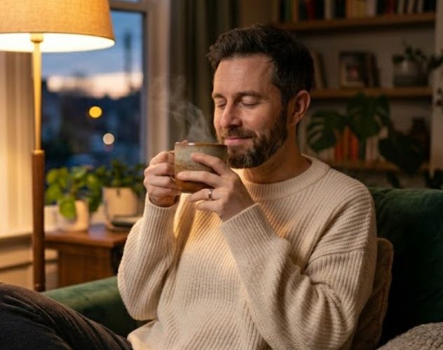 man drinking tea on the sofa in the evening