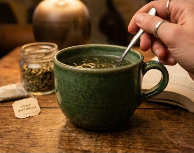 stirring a cup of hemp tea
