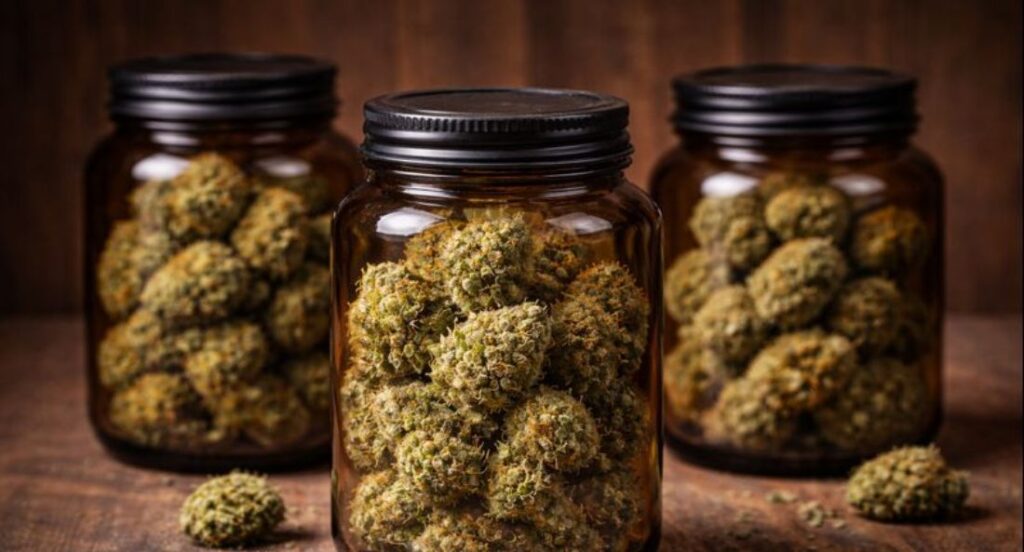 thca flowers stored in tinted glass jars