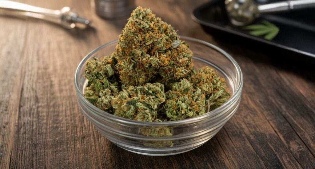 thca flower buds in a small glass bowl