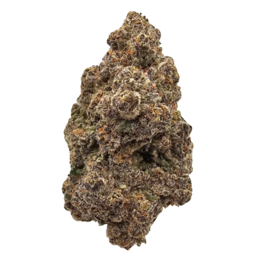 Black Bubblegum THCA tea flower featuring dense, frost-covered flowers with deep purple hues and a layered terpene profile of ripe berries, subtle bubblegum, creamy sweetness, herbs and cracked black pepper.