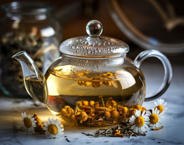 herbal chamomile tea brewing in clear teapot