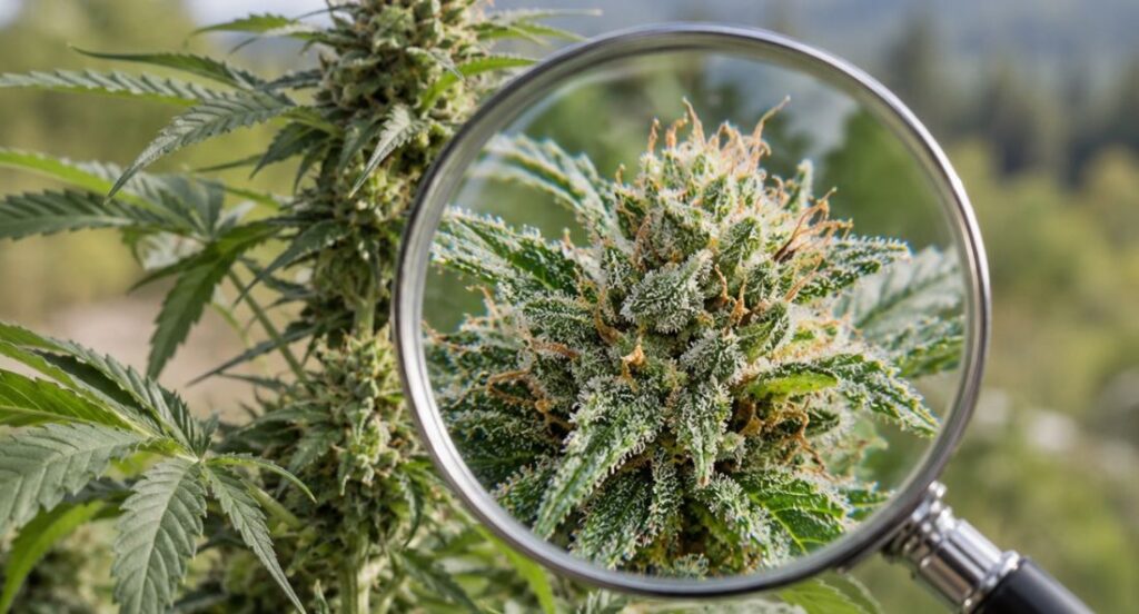 thca flower bud through a magnifying glass